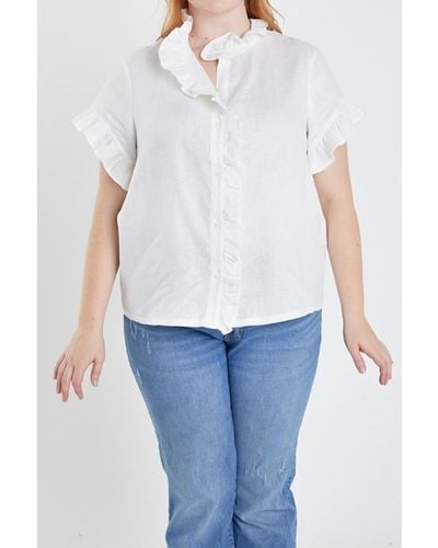 English Factory Plus Size Linen Ruffle Shirt - White