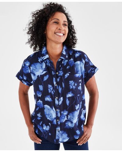 Style & Co. Printed Cotton Gauze Camp Shirt - Blue