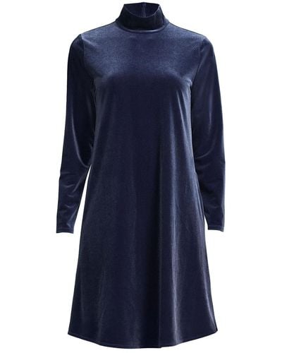 Lands' End Long Sleeve Velvet Turtleneck Dress - Blue