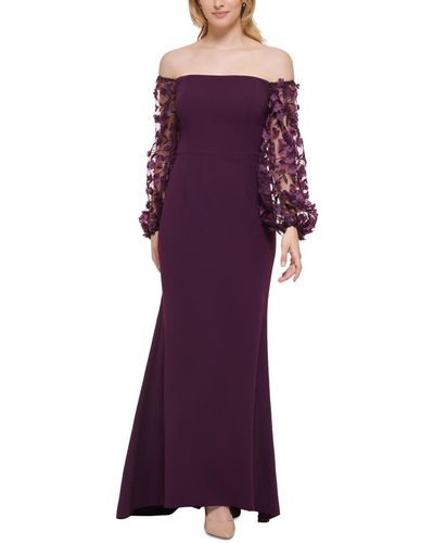 Eliza J 3d-floral-sleeve Scuba Crepe Gown - Purple