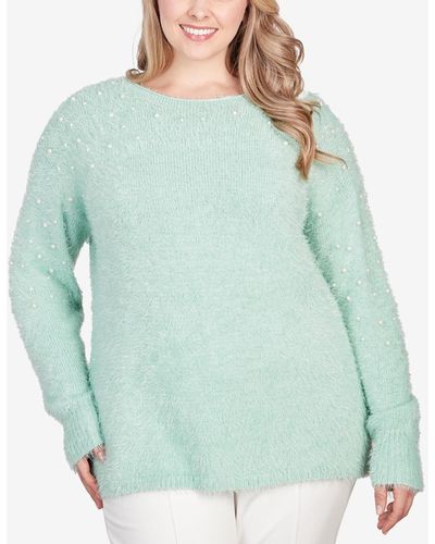 Ruby Rd. Plus Size Imitation Pearl Studded Metallic Eyelash Sweater - Green