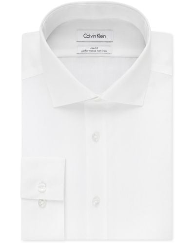 Calvin Klein Slim-fit Non-iron Spread Collar Herringbone Dress Shirt - White