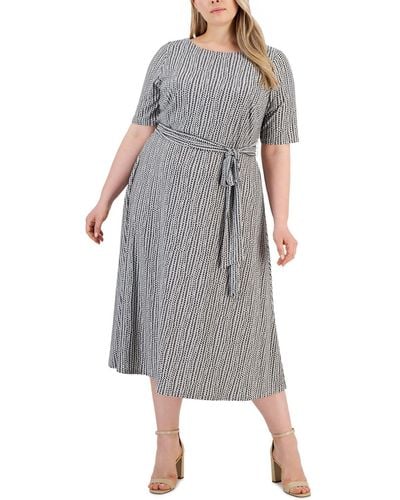 Kasper Plus Size Printed Fit & Flare Tie-waist Knit Midi Dress - Gray