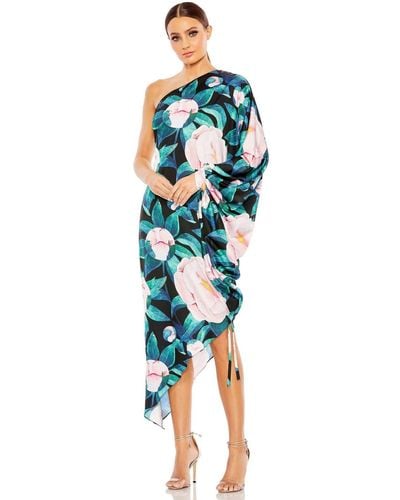Mac Duggal Ieena Floral Print One Shoulder Cape Sleeve Dress - Blue