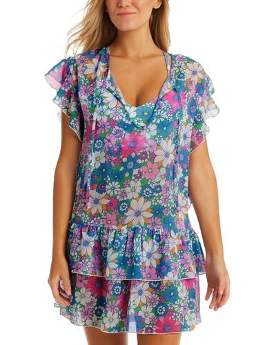 Jessica Simpson Printed Crazy Daisy Tiered Flutter-sleeve Tie-neck Swim Cover-up - Blue