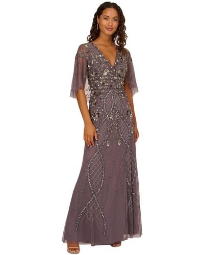 Adrianna Papell Embellished Cape-sleeve Gown - Purple