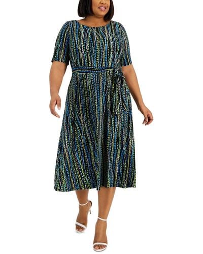Kasper Plus Size Abstract-print Belted Elbow-sleeve Dress - Green