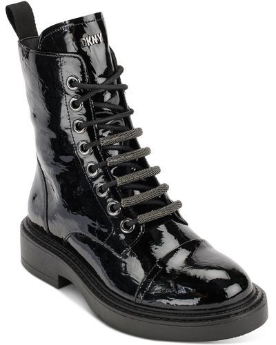 DKNY Malaya Patent Leather Ankle Combat & Lace-up Boots - Black