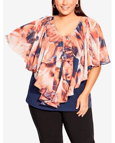 Avenue Plus Size Mira Overlay Print V-neck Top - Red