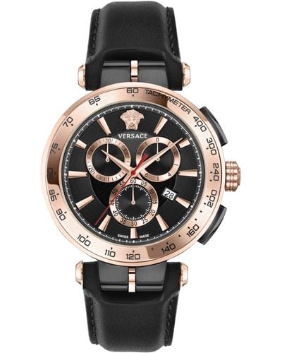 Versace Swiss Chronograph Aion Black Leather Strap Watch 45mm