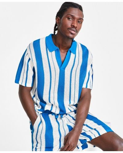 INC International Concepts Regular-fit Crocheted Stripe Polo Shirt - Blue