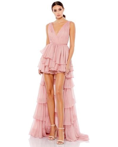 Mac Duggal High Low Tiered Gown With Built In Bodysuit - Pink
