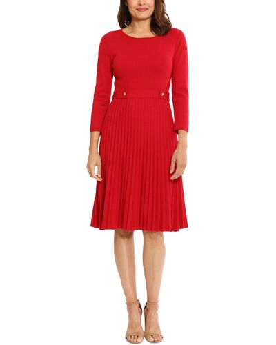 London Times 3/4-sleeve Pleated Fit & Flare Dress - Red
