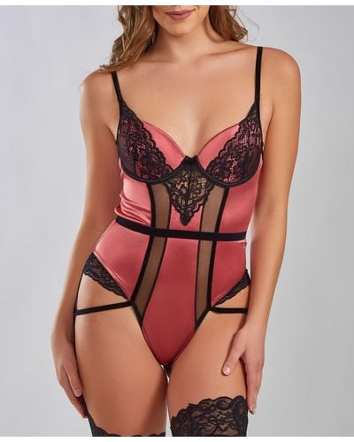 iCollection Tatiana Underwire Padded Bra Stretch Satin And Lace Bodysuit - Red