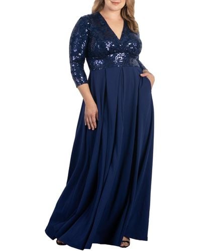 Kiyonna Plus Size Paris Pleated Sequin Gown - Blue