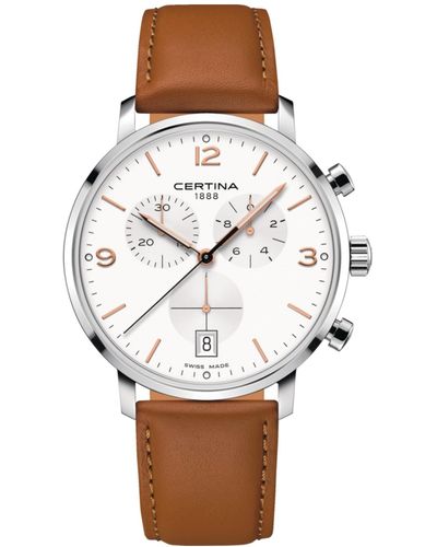 Certina Swiss Chronograph Ds Caimano Brown Leather Strap Watch 42mm - Gray