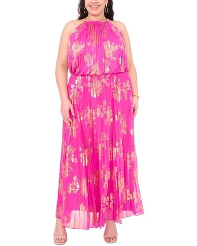 Msk Plus Size Pleated Printed Chiffon Halter Dress - Pink