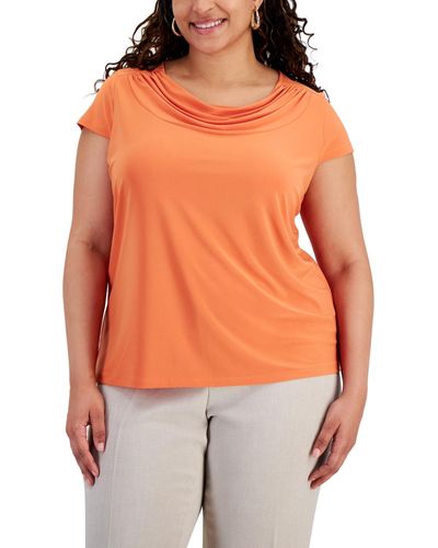 Kasper Plus Size Cap-sleeve Cowlneck Blouse - Orange