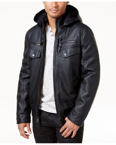 INC International Concepts Men's Faux Leather Hooded Bomber Jacket - Black