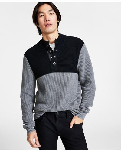 INC International Concepts Regular-fit Colorblocked Textured 1/4-snap Mock-neck Sweater - Gray