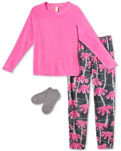 Hue Palmlights Fleece Socks And Pajamas 3-pc. Set - Pink