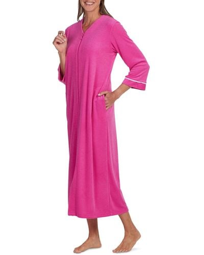 Miss Elaine Solid-color Long-sleeve Zip Robe - Pink