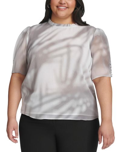 Calvin Klein Plus Size Printed Ruffled-neck Buttoned-sleeve Top - Gray