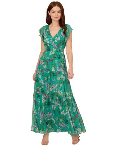 Adrianna Papell Floral-print Surplice-neck Tiered Gown - Green