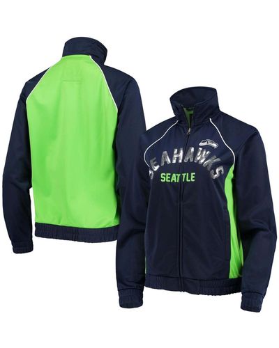 G-III 4Her by Carl Banks College Navy And Neon Green Seattle Seahawks Backfield Raglan Full-zip Track Jacket