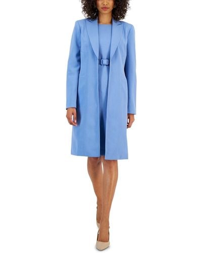 Nipon Boutique Longline Jacket Topper & Belted Sleeveless Sheath Dress - Blue