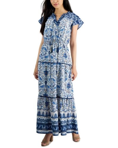 Tinsel Petite Mixed-print Flutter-sleeve Tiered Maxi Dress - Blue
