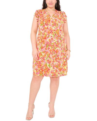 Msk Plus Size Floral-print Flutter-sleeve Shift Dress - Orange