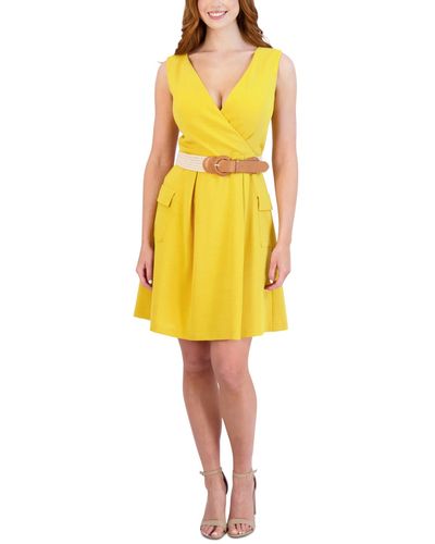 Donna Ricco Belted V-neck Sleeveless Dress - Yellow