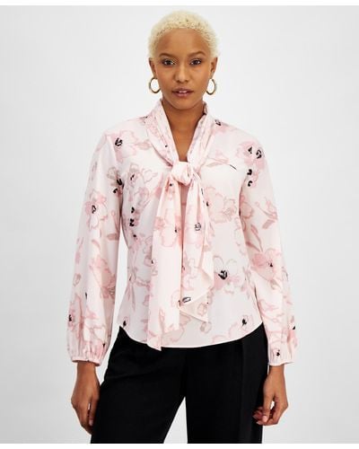 BarIII Floral-print Bow Blouse - Pink