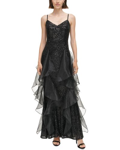 Eliza J V-neck Cascading-ruffle Sequined Gown - Black