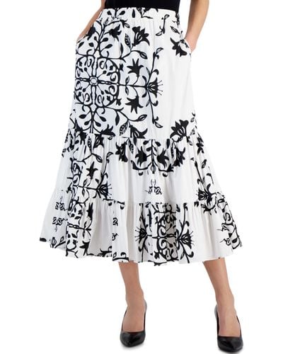 Tahari Printed Pull-on Tiered Midi Skirt - White