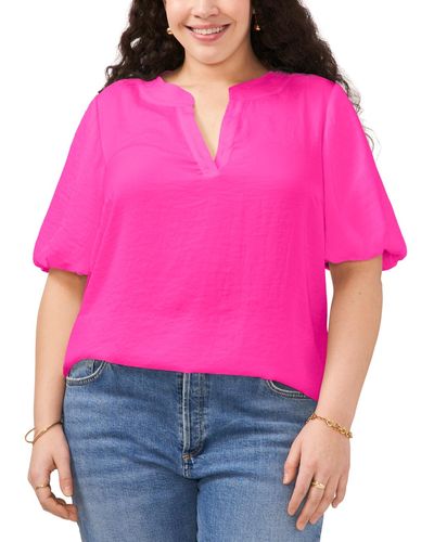 Vince Camuto Plus Size Split-neck Puffed-sleeve Top - Pink