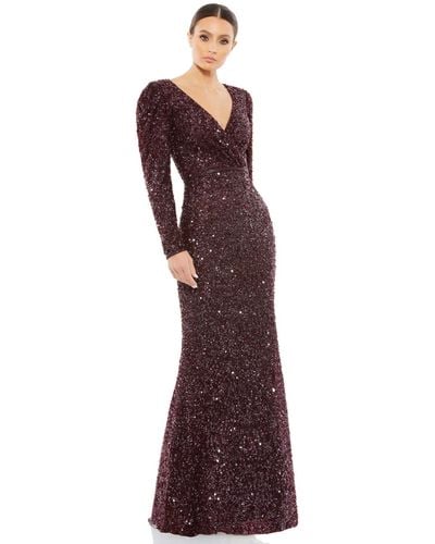 Mac Duggal Sequined Wrap Over Puff Long Sleeve Gown - Purple