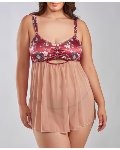 iCollection Kia Plus Size Mesh And Smooth Micro Floral Soft Bra Babydoll - Pink