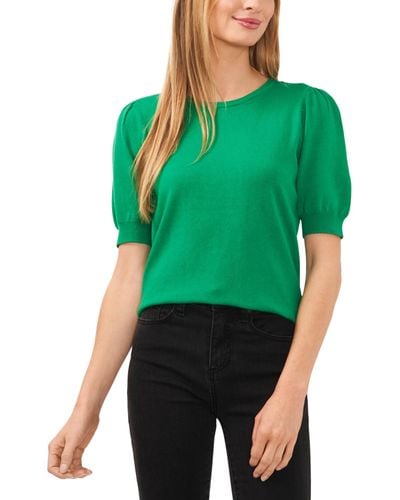 Cece Crewneck Puff Sleeve Cotton Sweater - Green