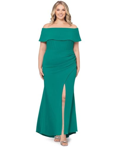 Betsy & Adam Plus Size Corset Off-the-shoulder Gown - Green