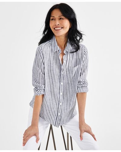 Style & Co. Petite Linen Blend Beach Stripe Perfect Shirt - White