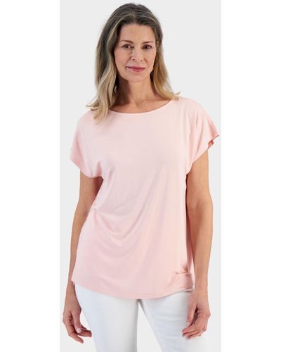 Style & Co. Boat-neck Short-sleeve Mixed Media Tee - Pink