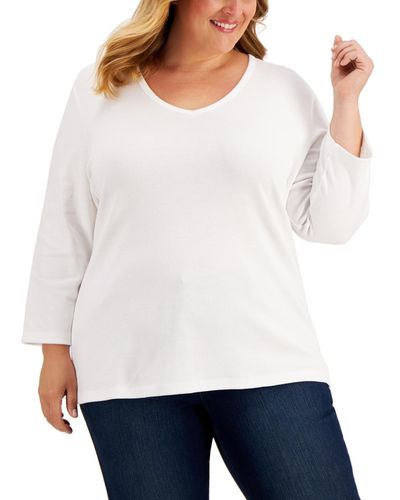 Karen Scott Plus Size 3/4-sleeve V-neck Top - White