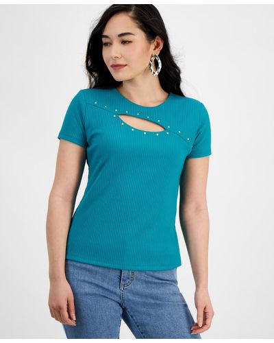INC International Concepts Petite Ribbed Cutout Studded Top - Blue