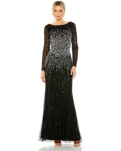 Mac Duggal High Neck Sequin Embellished Long Sleeve A Line Gown - Black
