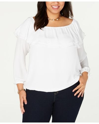 MICHAEL Michael Kors Plus Size Short Sleeve Ruffle Peasant Top - White