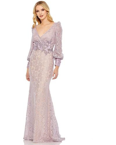 Mac Duggal Lace Long Sleeve V Neck Embellished Gown - Pink