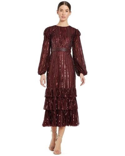 Mac Duggal Long Sleeve Ruffle Detail Sequin Dress - Red