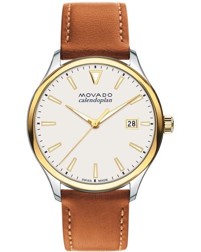Movado Swiss Calendoplan Cognac Leather Strap Watch 40mm - Metallic